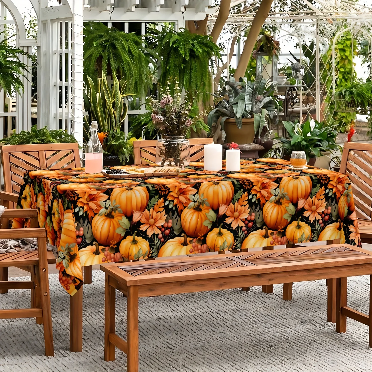 A round Thanksgiving tablecloth - featuring a design of country-style pumpkins, sunflowers and berrieszyc