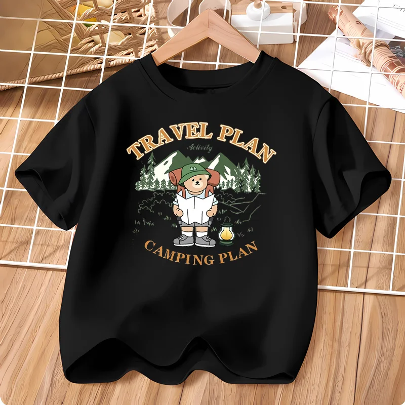 Teddybär Explorer T-Shirt für Studenten Jungen Kurzarm-Baumwollhemd Kinder Cartoon bedruckte Tops 3-14T