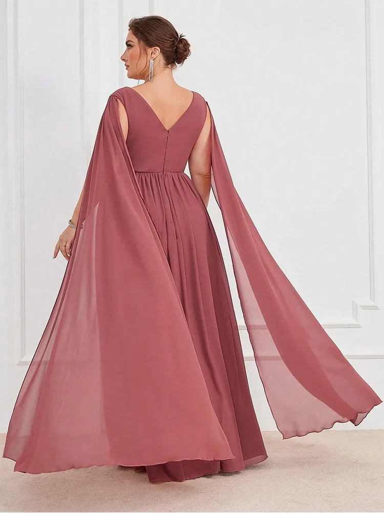 S-7xl V-Neck Flesh Pink Sleeveless Chiffon Luxury Floor-Length Wedding Evening Dress 4xl5xl Big Size Chiffon Bridesmaid Dress