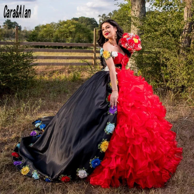 Cara & Alan-Vestido De quinceañera con apliques florales en 3D, traje De fiesta De graduación De 15 Años, para chicas De 16 Años, color negro y rojo