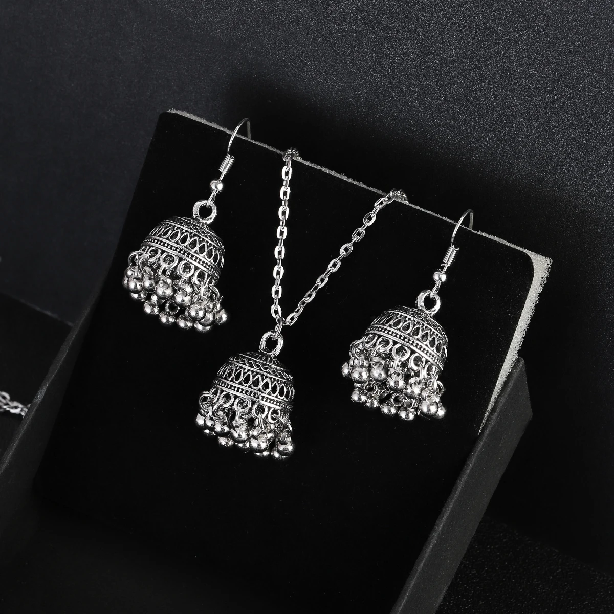 Ethnic Indian Wedding Jewelry Set for Bride Silver Color Carved Bells Necklace&Earring Vintage Dangle Earrings Gifts