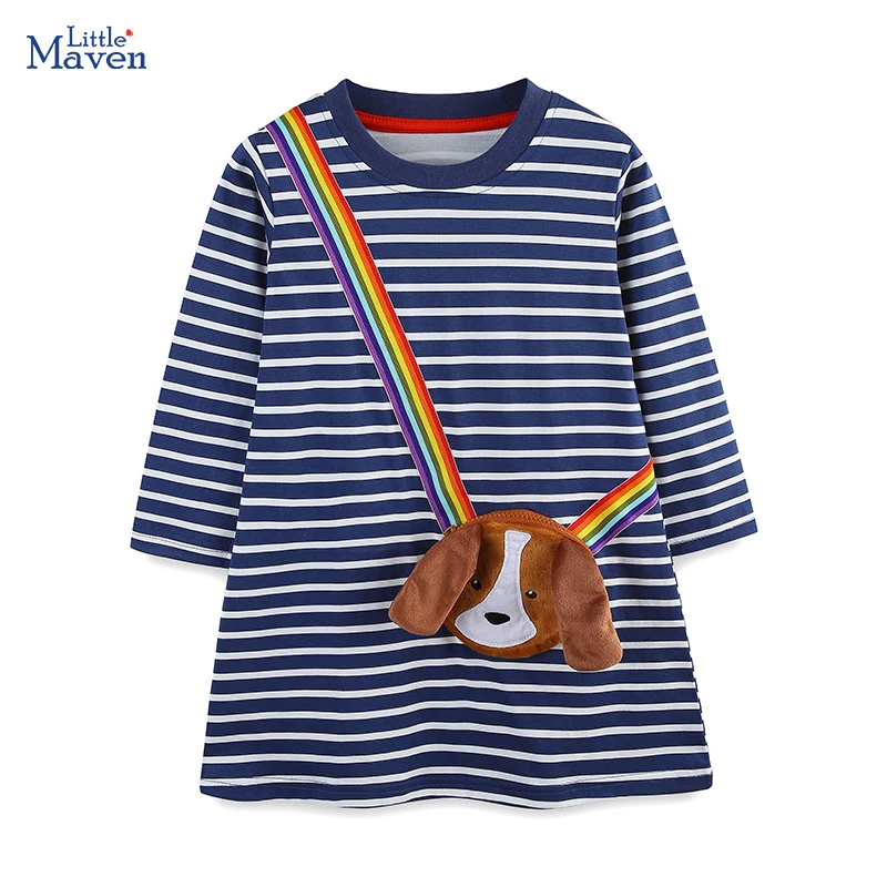 Little Maven Kostüm für Mädchen 2025, neuer Herbst, Frühling, Baby, Mädchen, langärmelig, gestreift, Kleid mit Umhängetasche, Tierhunde