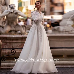 Arabic Wedding Dress Customized High Neck Luxury Beading Applique Saudi Bridal Gown Long Sleeves A Line Glitter Bride Dresses