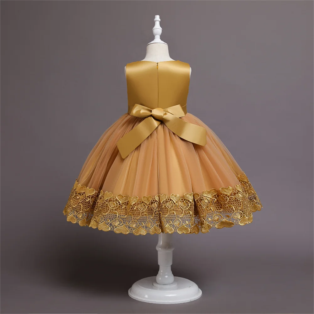 Yellow Lace Flower Girl Dress Bows Children's First Communion Dress Girls Sleeveless Princess Dresses
