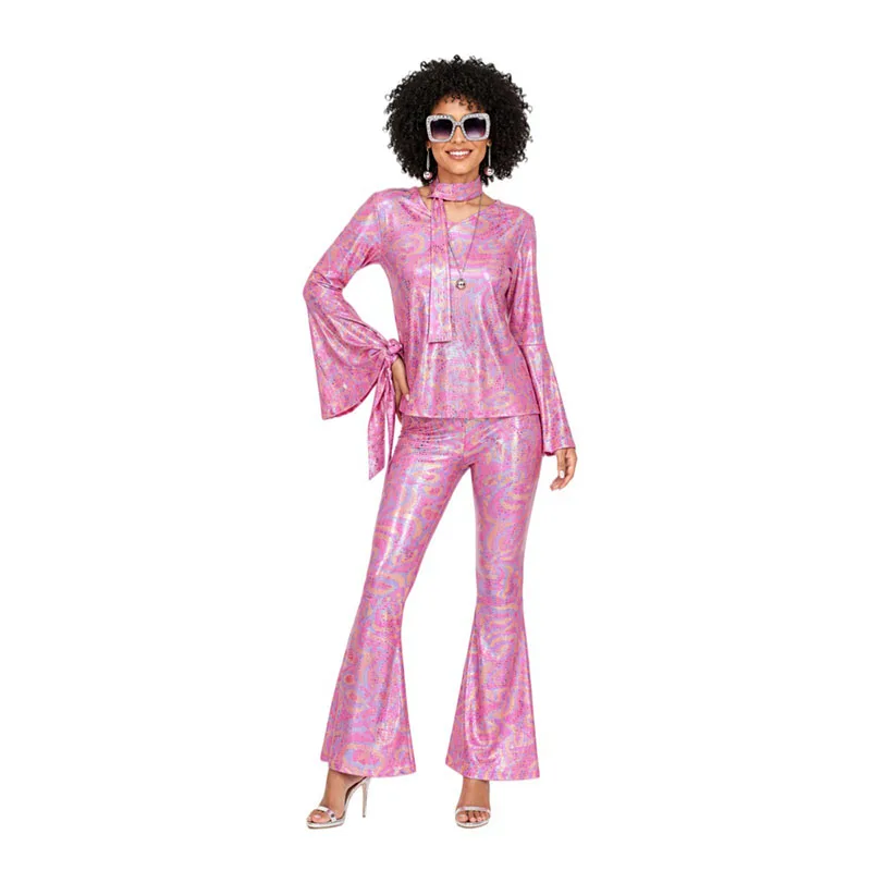 2026 New Women Halloween Disco Party 70s Women's Disco Costume Set Top Pants Sunglasses Necklace Earrings Wig Cosplay Dress Up view 3