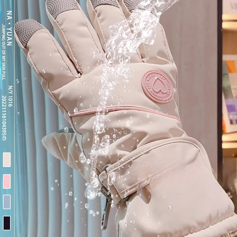 Touchscreen Winter Ski Gloves for Women with Anti-Lost Buckle Outdoor Cold-Proof Thickened Fleece Warm Riding Gloves