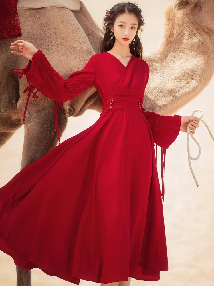 Khalee Yose Vintage Chic Red Maxi Kleid V-ausschnitt Langarm Chineses Stil Boho Frauen Kleid Rüschen Urlaub Damen Herbst Kleider