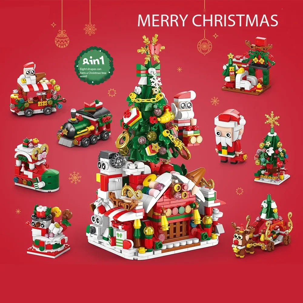 1PC Winter Christmas Gingerbread House Sled Train Children Xmas Gifts Building Blocks Bricks New Year Toys