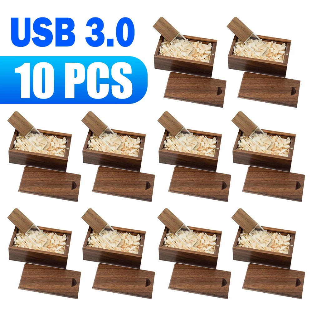 10 PCS LOT USB 3.0 Flash Drive Crystal Wooden Box Memoy Stick Maple Free Custom Logo Pen Drive Creative Wedding Gift 64GB