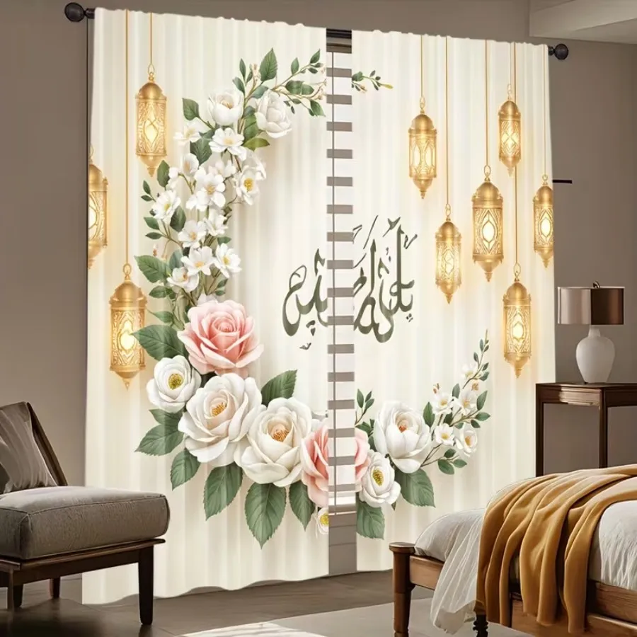 2 PCS Golden Lantern Rose Curtains, Gorgeous Vintage Style Window Drapes for Living Room Bedroom Home Decor Polyester Rod Pocket