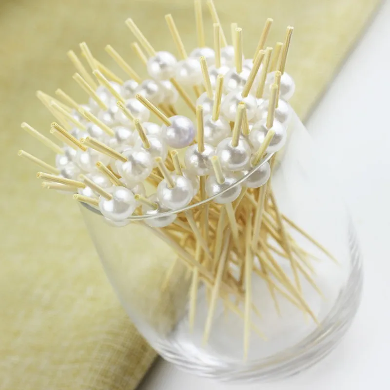 100pcs 12cm White Pearl Bamboo Food Fruit Picks Party Disposable Cake Dessert Cocktail Sticks Buffet Cupcake Toothpick Skewer