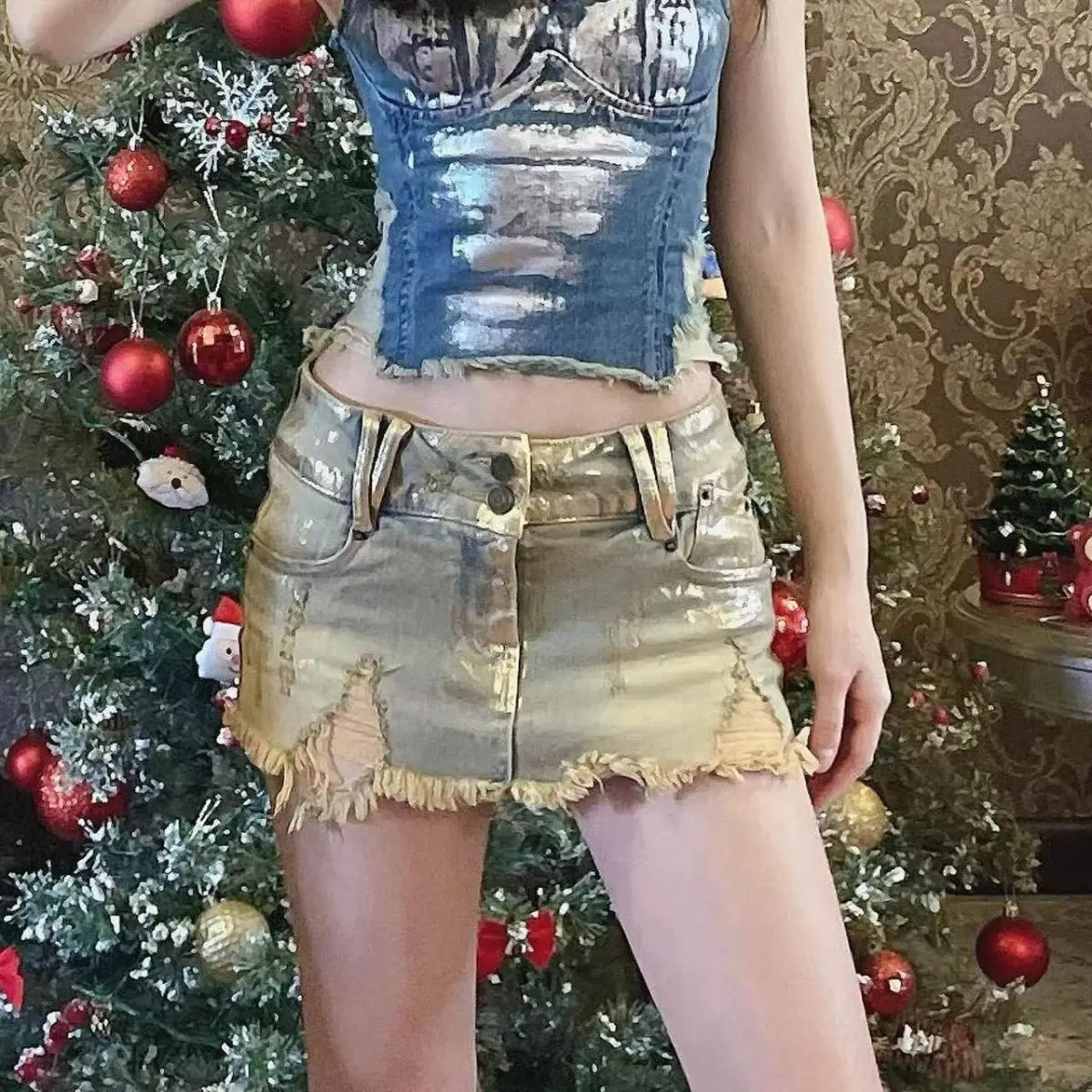 

A-word Skirt Design Hip Skirt Y2k Low-rise Hole Denim Mini Skirt Women