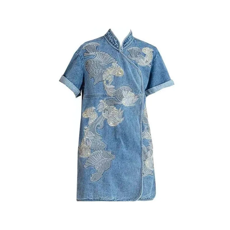 

Large cheongsam Chinese style carp embroidered denim dress