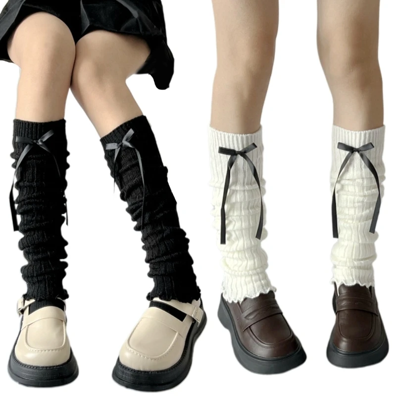 Women Student Ribbed Knitted Long Socks Ribbon Bowknot Lettuce Leg Warmers