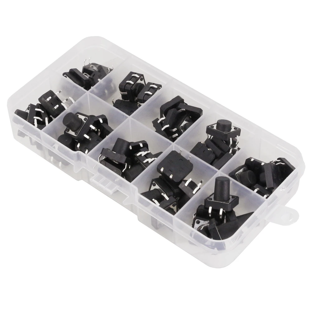 50 PCS 10 Models 12*12 Tact Switch Tactile Push Button Switch Kit Height: 4.3 5~12MM DIP 4P Micro Switch 12x12 Key Switch