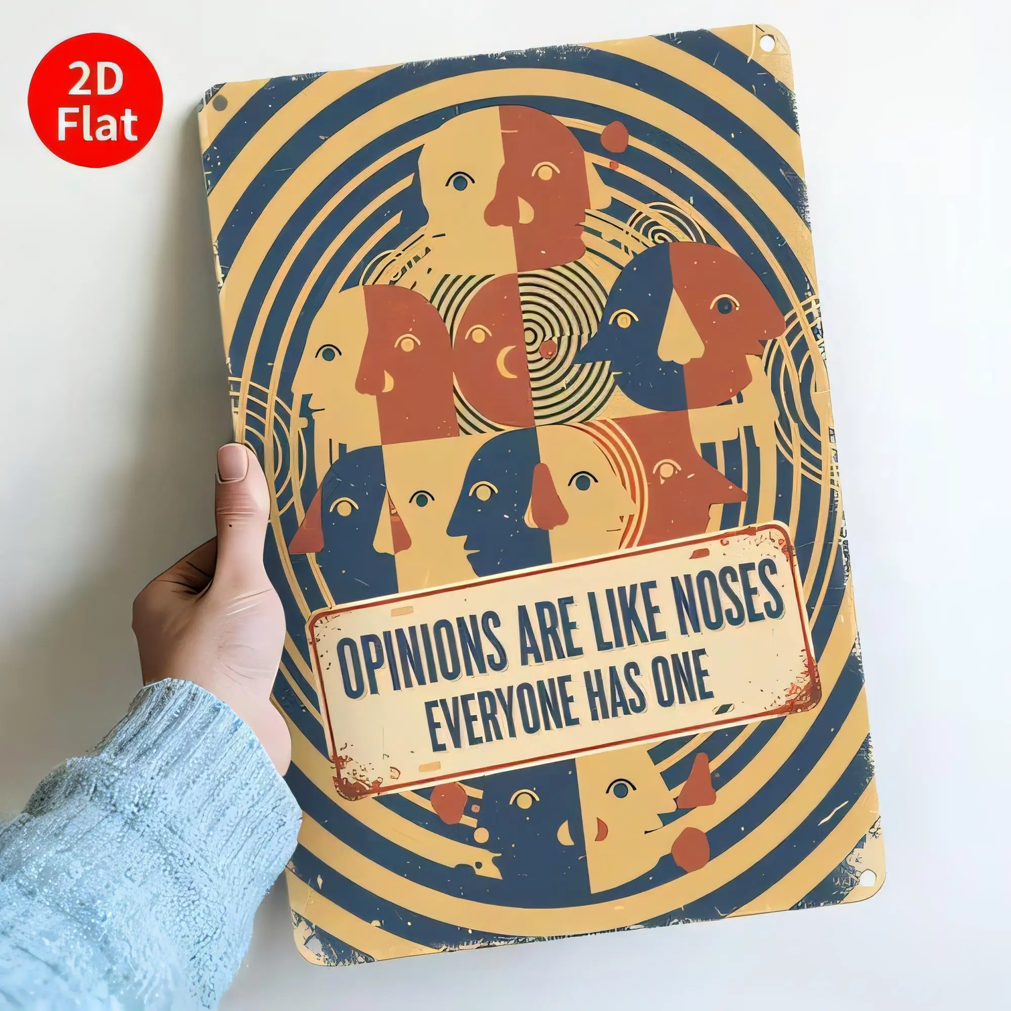 Tin Sign with Funny Quote “Opinions Are Like Noses Everyone Has One” Vintage Retro Wall Plaque 2D Flat Metal Poster for Home Bar