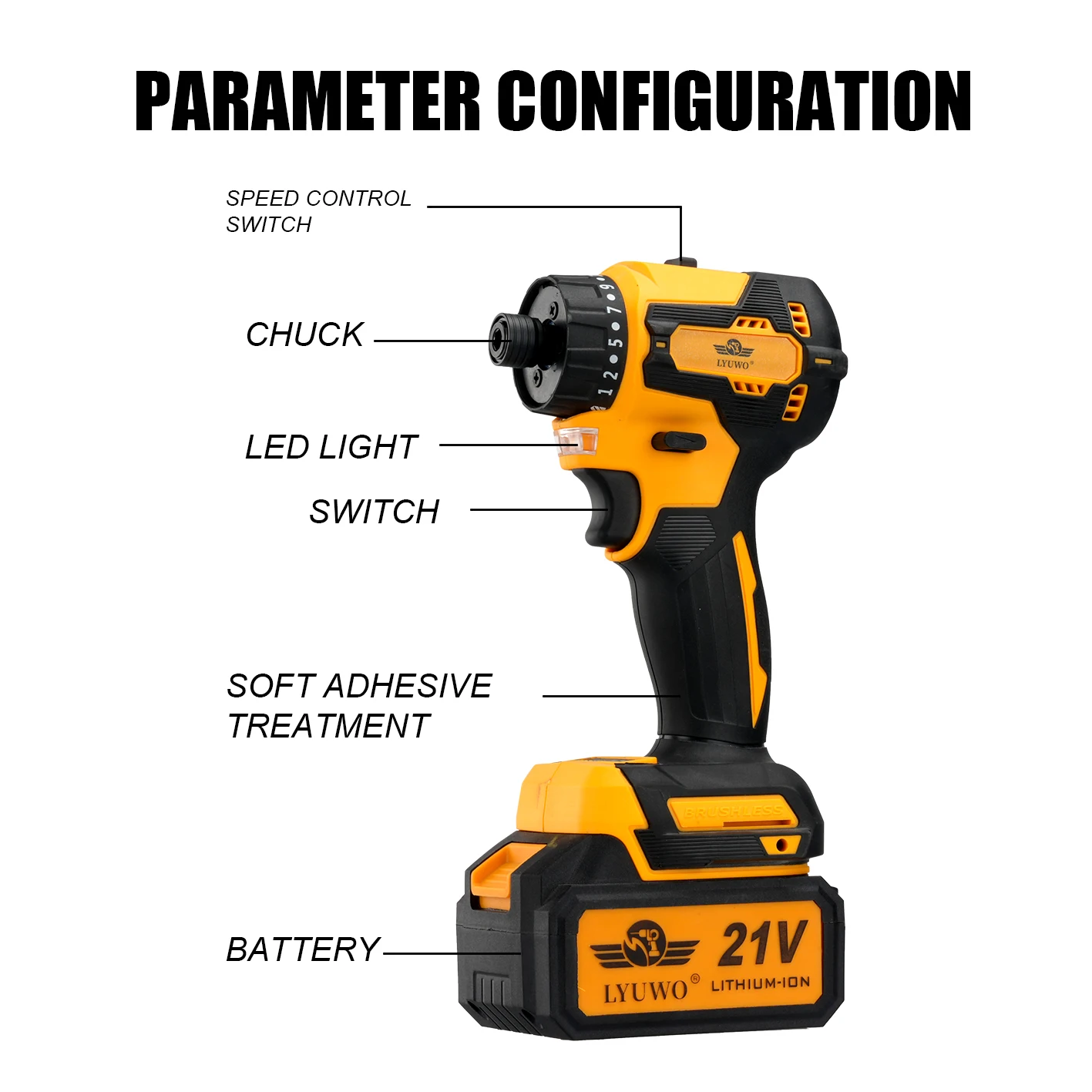 LYUWO 21V Cordless LED Lighting Electric Screwdriver Driver, Fast Brushless Impact Wrench, Rechargeable Drill Bit Driver Tool