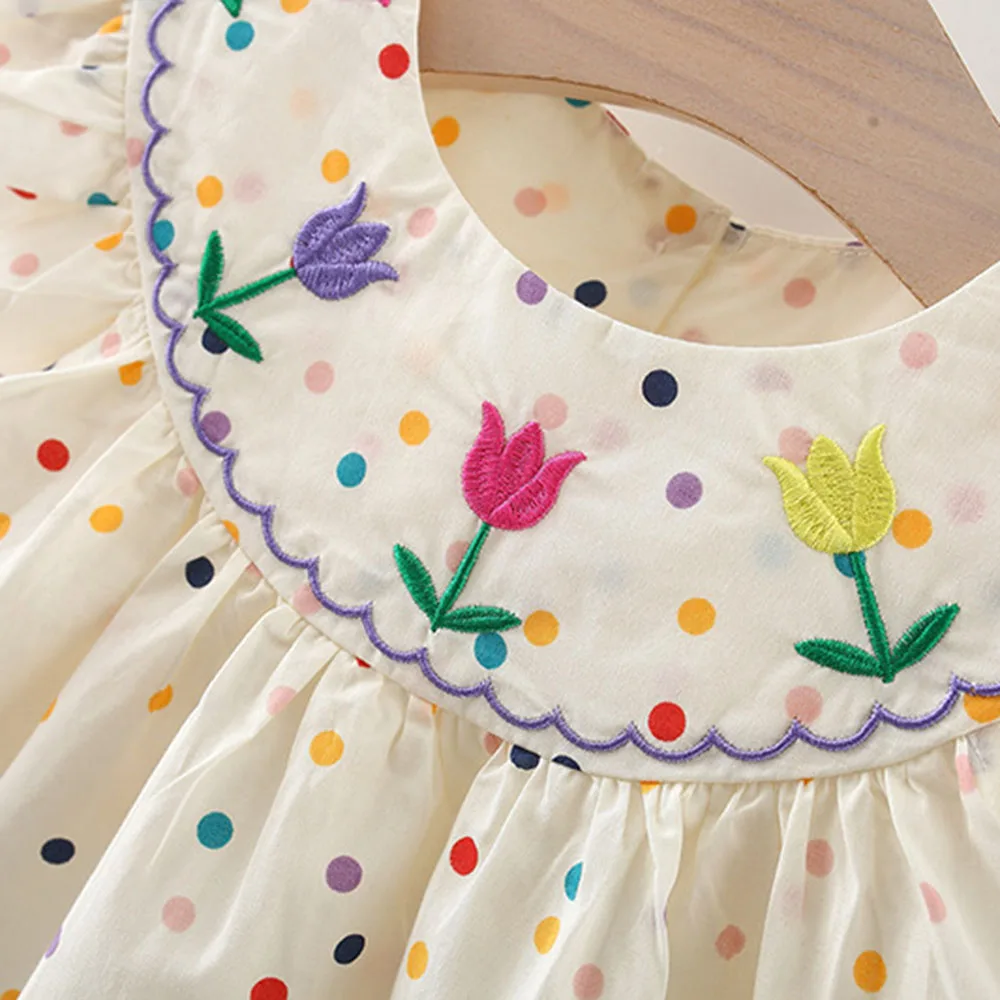 Summer New Girl\'S Dress With Small Flying Sleeves Tulip Embroidery Dotted Print Sweet Princess Dress Light And Thin Style (0-3 Y