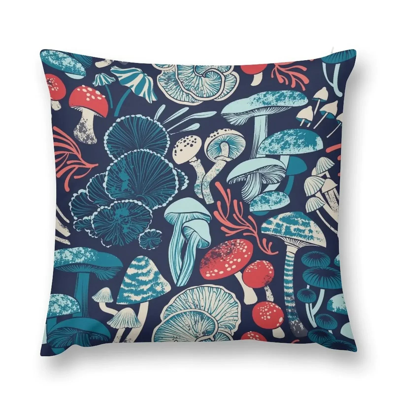 

Mystical fungi // midnight blue background aqua teal coral and red wild mushrooms Throw Pillow christmas supplies pillow