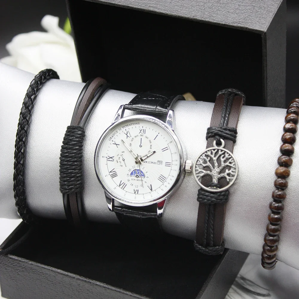 5pcs Set Men Casual Fashion Leather Strap Men Watches Bracelets Box New Best Selling Original Brand Watches for Men