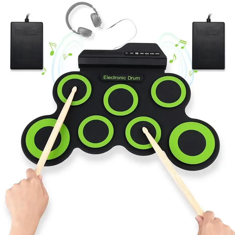 

Electronic Drum Pad Kit 7 Pads Roll Up Drum Set With 3.5mm Headphone Jack 2 Foot Pedals USB/Battery Powered Drum Practice Pad