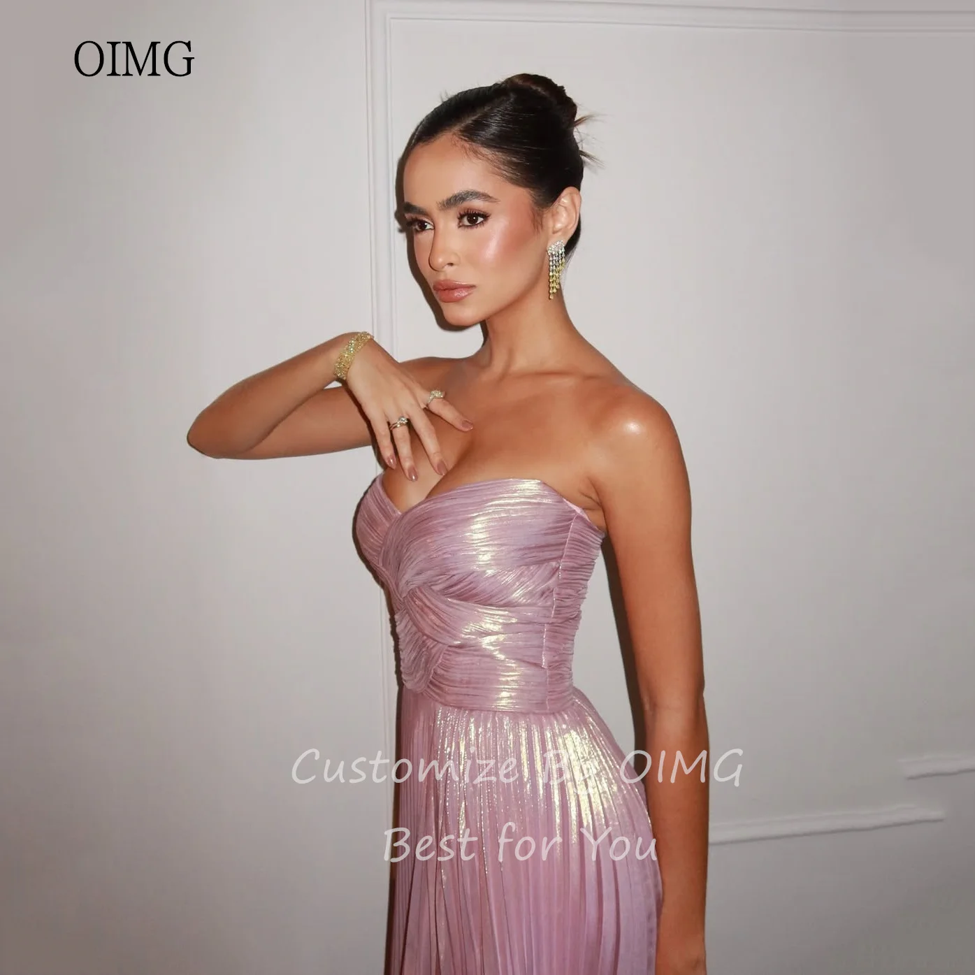 

OIMG Shimmery Pink A Line Prom Gowns Sweetheart Neck Tiered Party Gown Floor Length Evening Dress vestidos de festa Customized