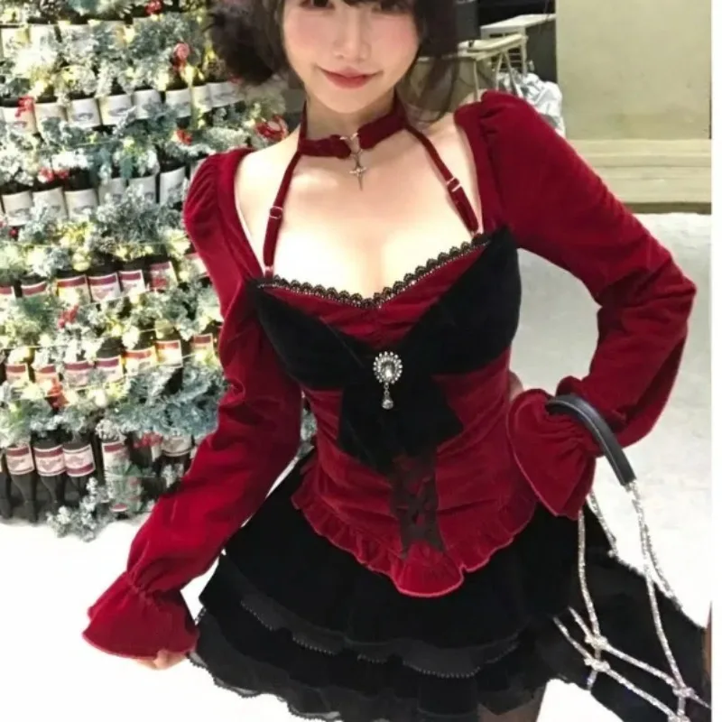 

Winter Christmas Retro Sexy Style Two Piece Sets Women Chic Tops + Mini Skirt New Design Red Fashion Long Sleeve Bow Fairy Suits