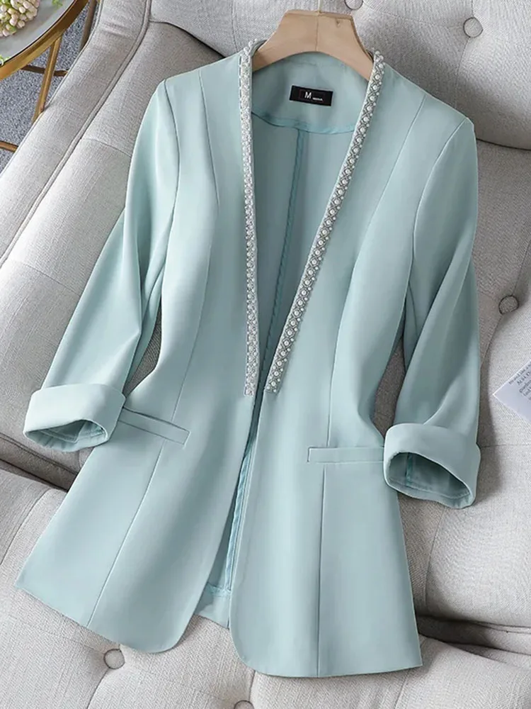 V neck Thin Suit Women\'s 2023 Spring and Summer New Korean Fashion Professional Wear Half Sleeve Casual Jacket Office Blazer