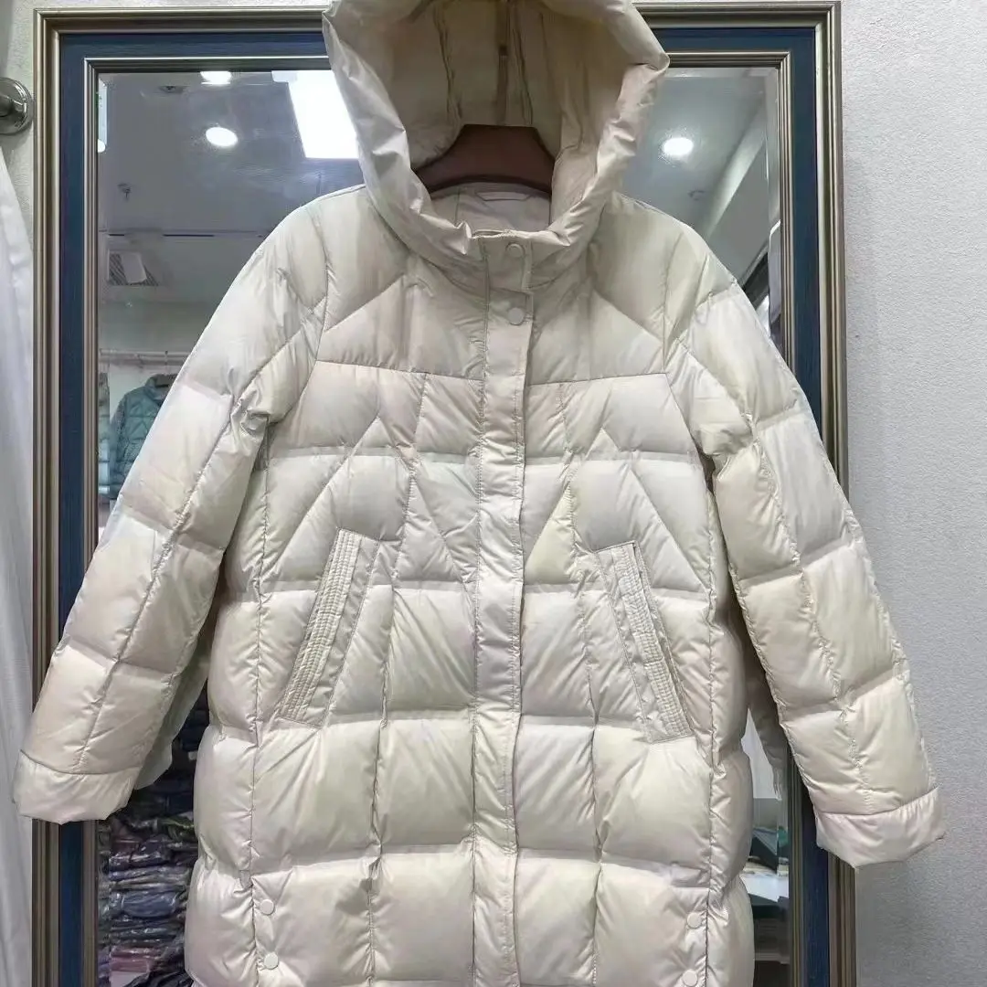 2023 New Arrivasl Women Hooded X-long Korean Slim Fit 90% White Duck Down Jacket Autumn/Winter Warm Female Office Lady Down Coat