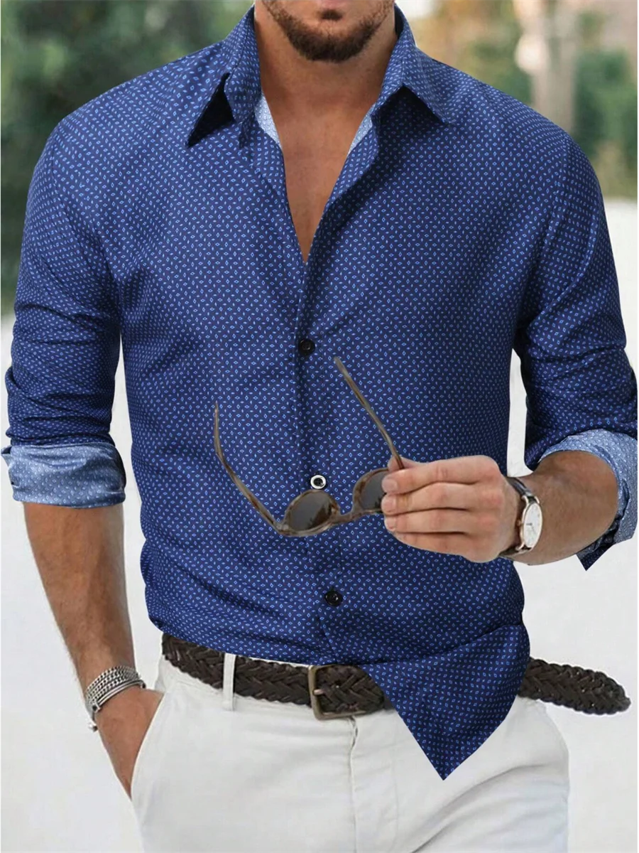 New Men\'s Button-up Shirt Summer Shirt Blue Long-sleeved Polka Dot Lapel Outdoor Streetwear Fashion Casual Comfortable Clothing