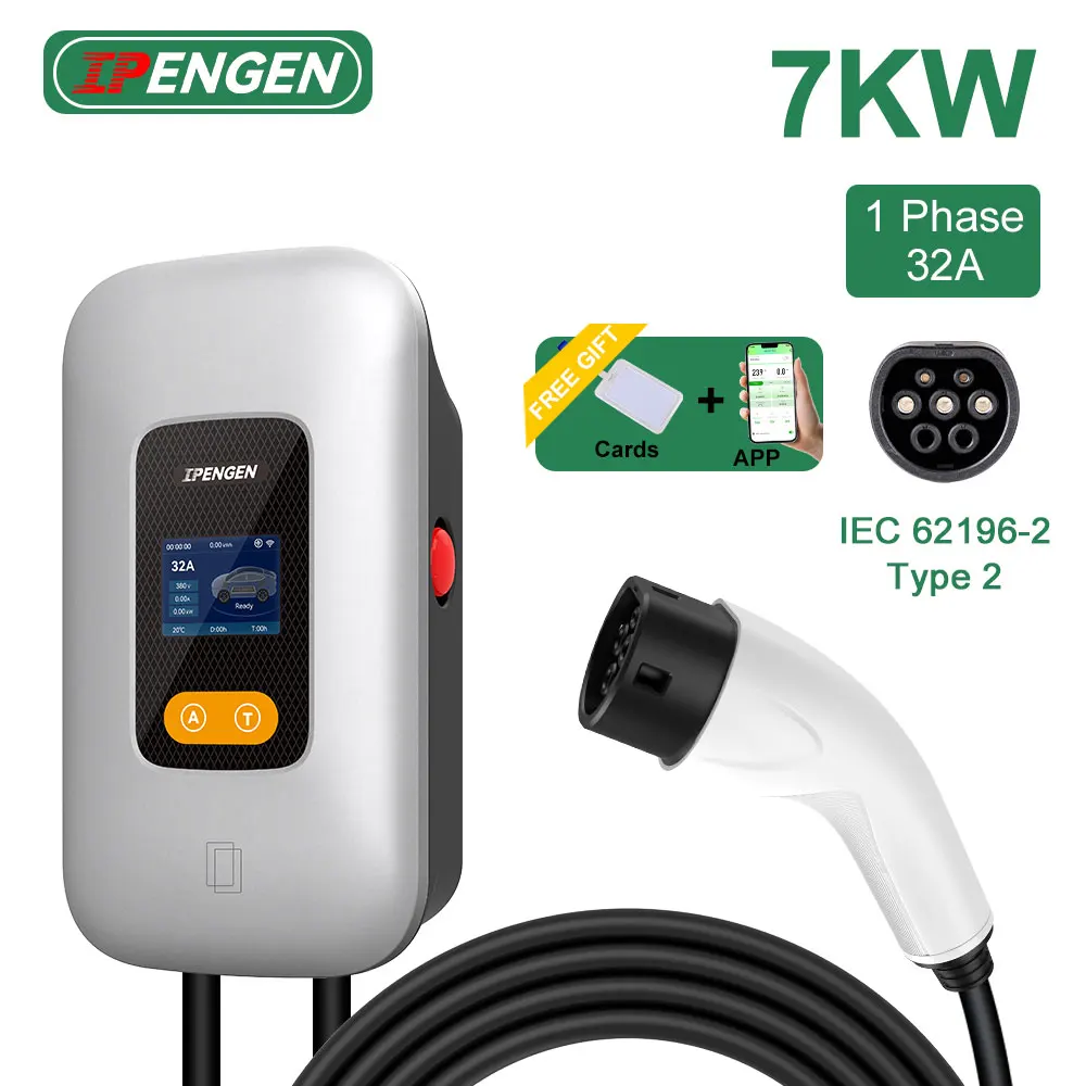 IPENGEN 7KW EV Charger Station Type2 Electric Vehicle Car Charger 32A 1Phase IEC62196-2 EVSE Wallbox Charging WIFI APP Control