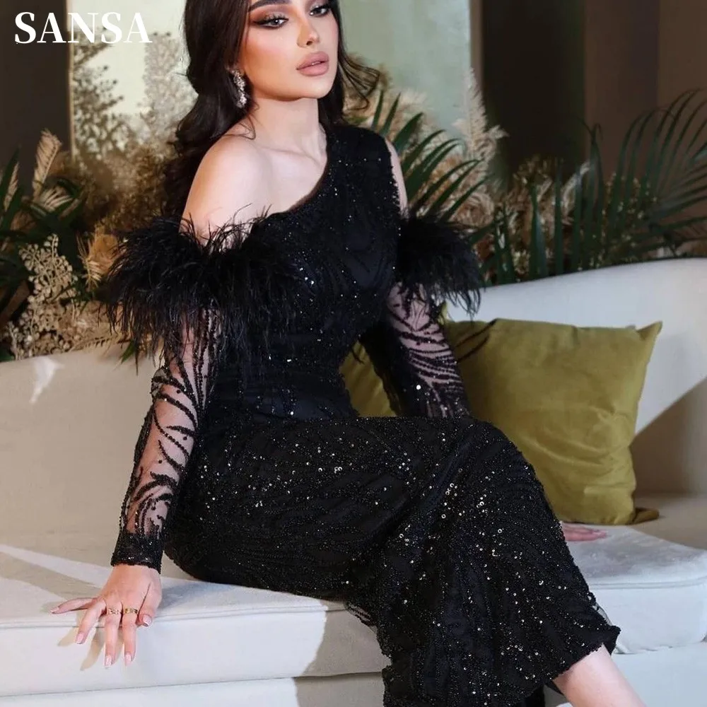 

Sansa Luxury Black فساتين سهره فاخره 2023 Gliiter Sequins Feather Sleeve Mermaid فساتين السهرة Trumpet Knee Lenght Prom Dresses