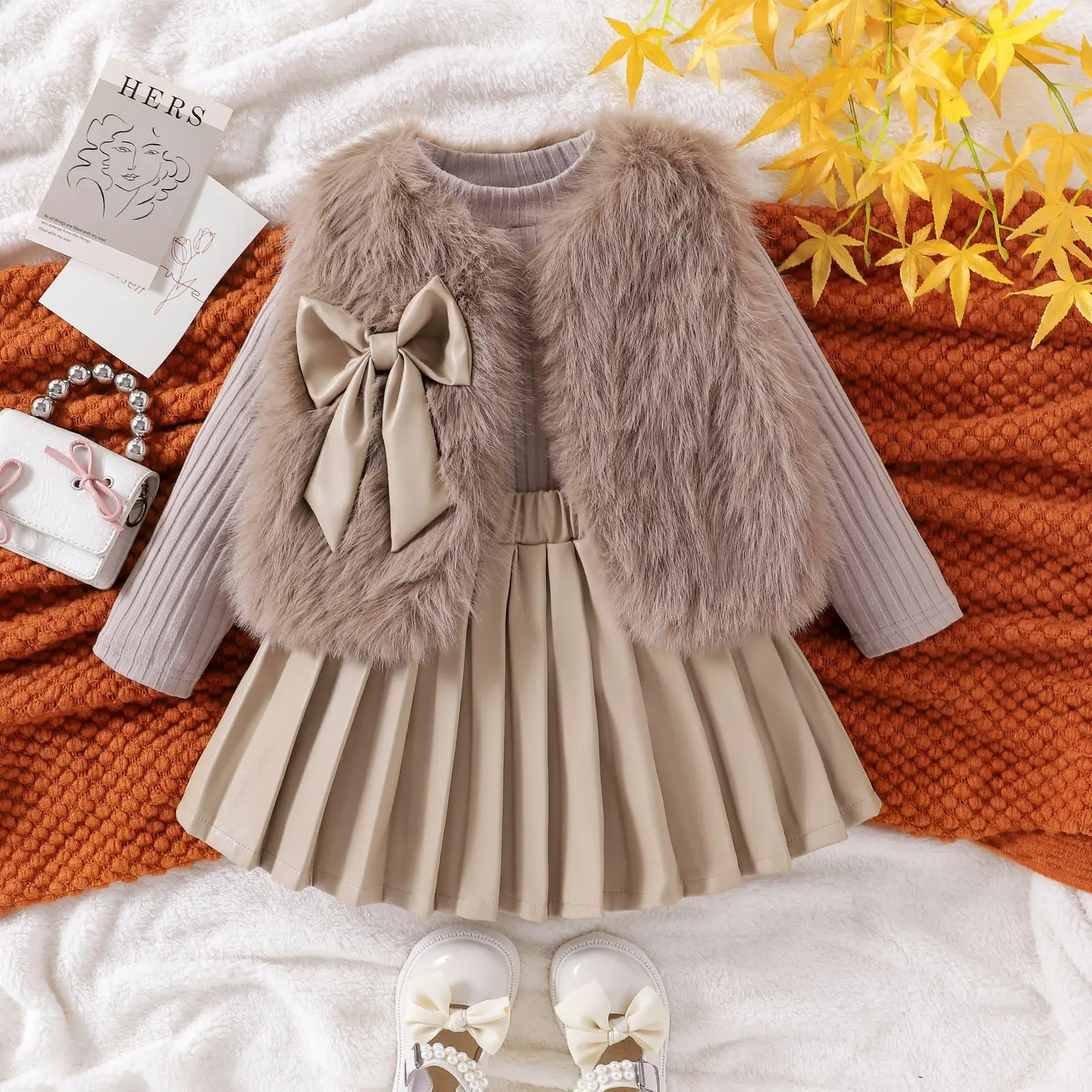 3pcs set kids Winter autumn Warm dres set skirt Girls children vest Sweaters with Long-sleeved Tops Leather SkirtThree-piece Set