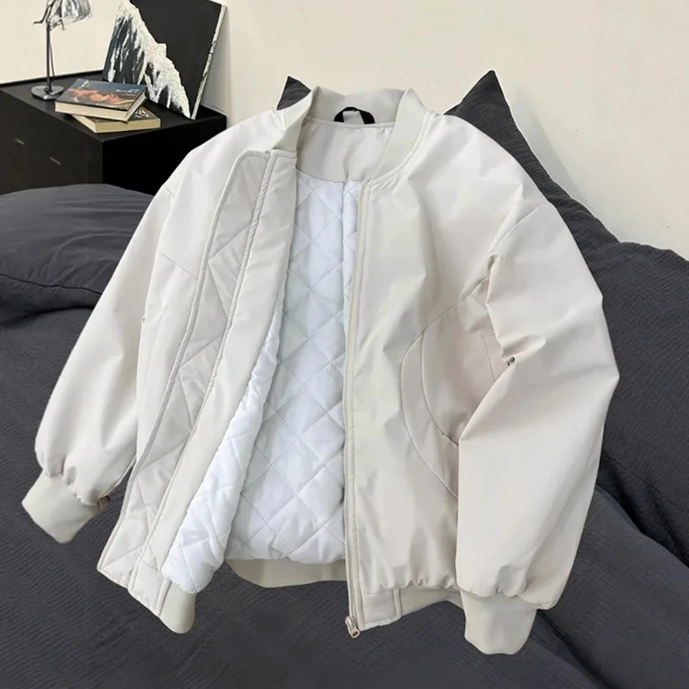 2025 Men's American Short Flight Jacket White Interlining Cotton Varsity Coat Baseball Cleanfit Warm Thickened Fleece-Lined Tops