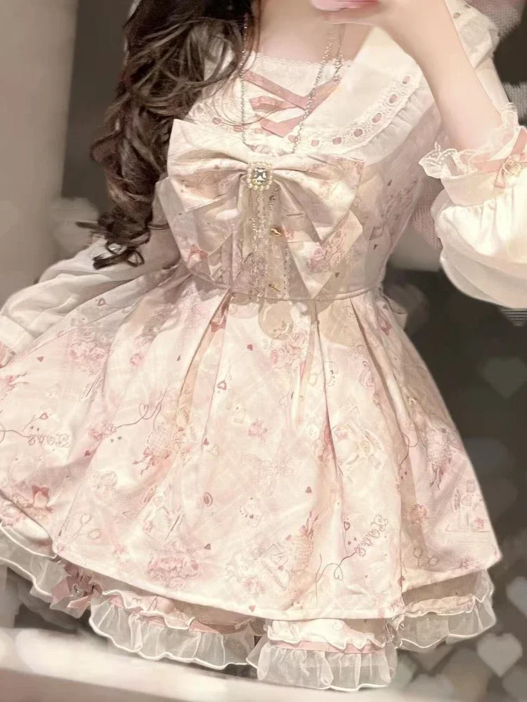 فستان صيفي نسائي حلو لطيف ونحيف كاواي أنيق مطبوع بفيونكة رفيعة وأكمام طويلة تصميم نسائي ملابس جديدة جميلة وجميلة