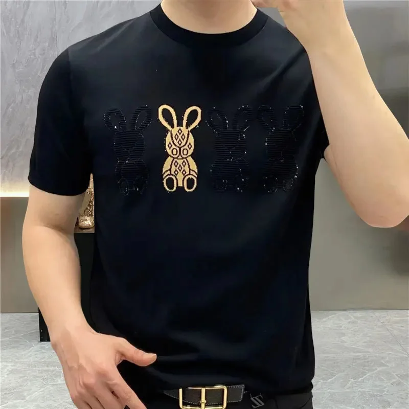 Summer Top Streetwear Social Club Outfits Slim T Shirt Men Knitting Rabbit Pattern Round Neck Tee Homme Camiseta Masculina