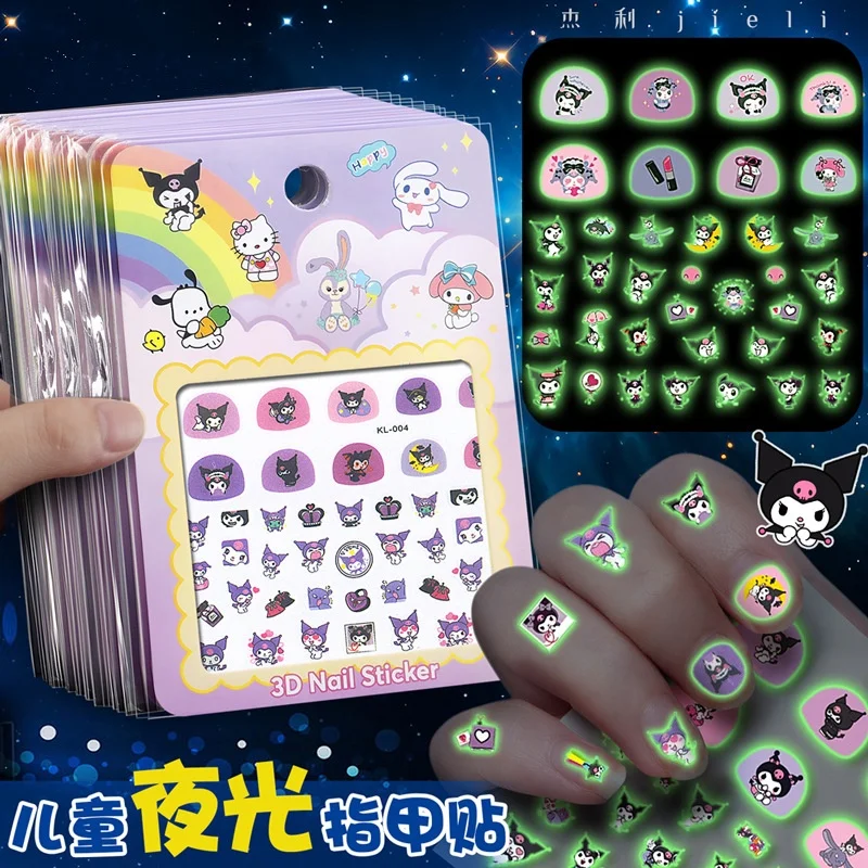 5PCS Luminous Sanrio Sticker Cartoon Kuromi Melody Cinnamoroll Nail Decals Cute Anime Hello Kitty Glow-in-the-Dark Nail Stickers