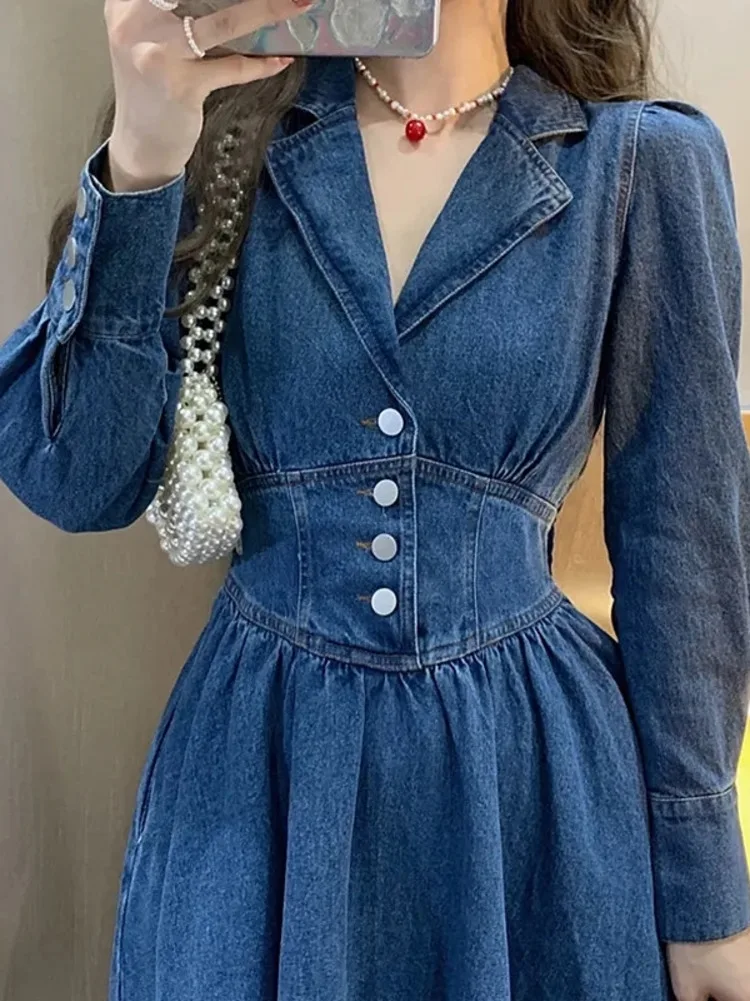 Vintage Long Sleeve Denim Dress Women 2024 New Jeans Dress Elegant Party Long Sleeve Dresses Casual Dresses