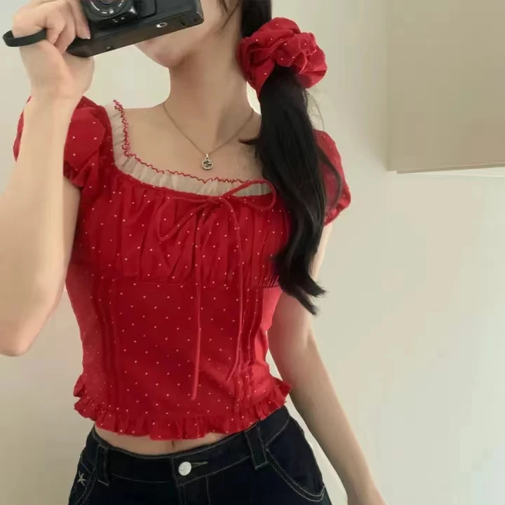 الصيف المرأة الشيفون irt الكورية Sle الحلو الدانتيل تقليم لصق ساحة طوق البولكا نقطة عقدة مع رباط شعر