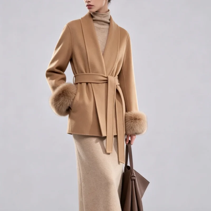 Abrigo corto de cachemir de doble cara con puños de piel de zorro desmontables para invierno 2026, estilo bata color camel para mujer, con cinturón en la cintura, ropa exterior ligera y cálida