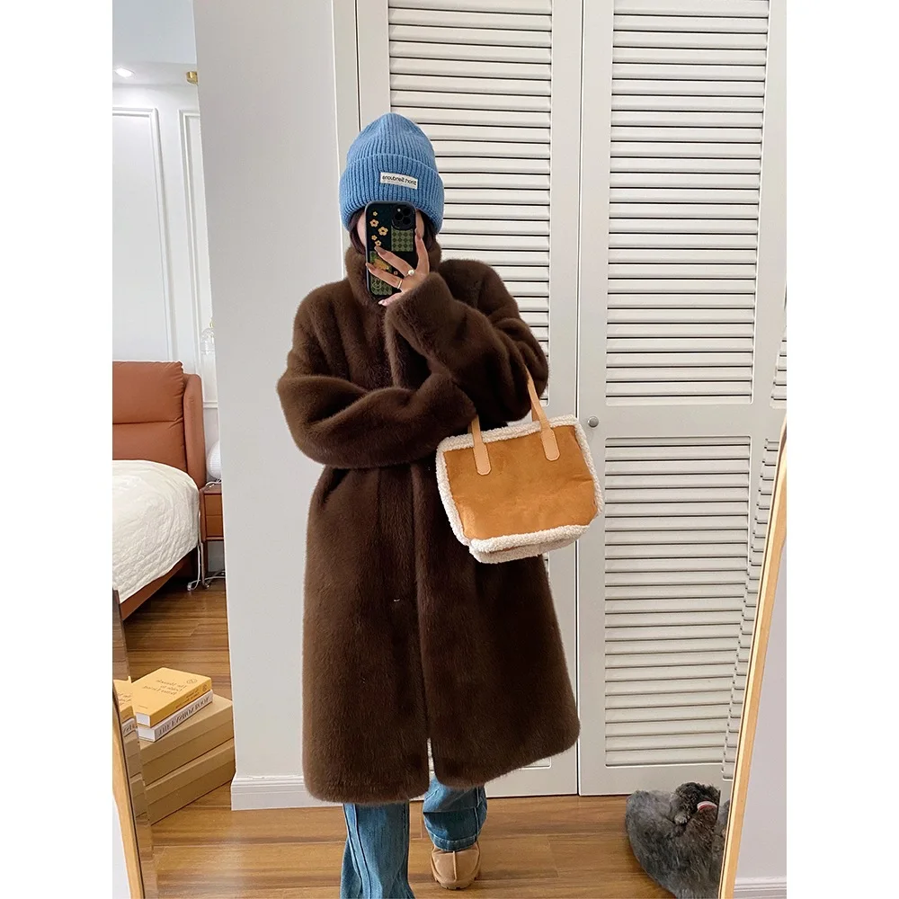 

Зимнее длинное коричневое толстое теплое мягкое пальто из искусственного норкового меха, женское элегантное роскошное шикарное пушистое меховое пальто с пышными рукавами, 2025 Wh25