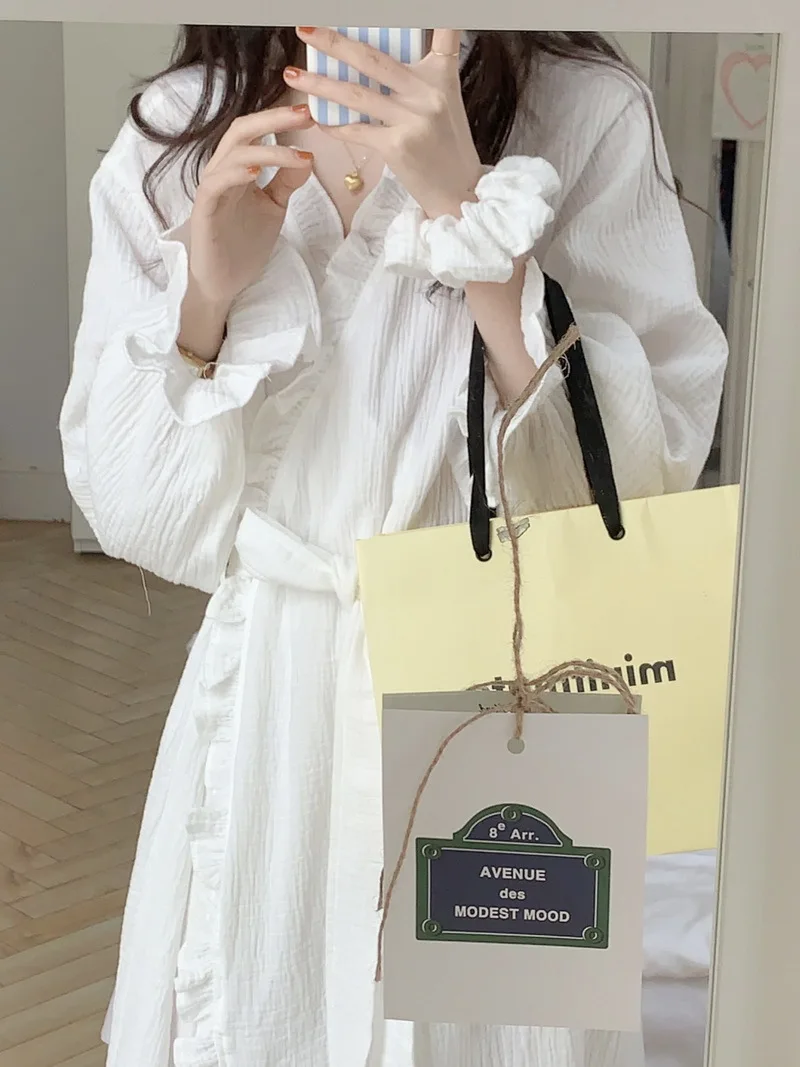 Cotton Bathrobe Women Ruffles Long Sleeve Korean Sweet Kimono Robe Elegant Spa Lady Spring Autumn Home Dressing Gown Pajamas