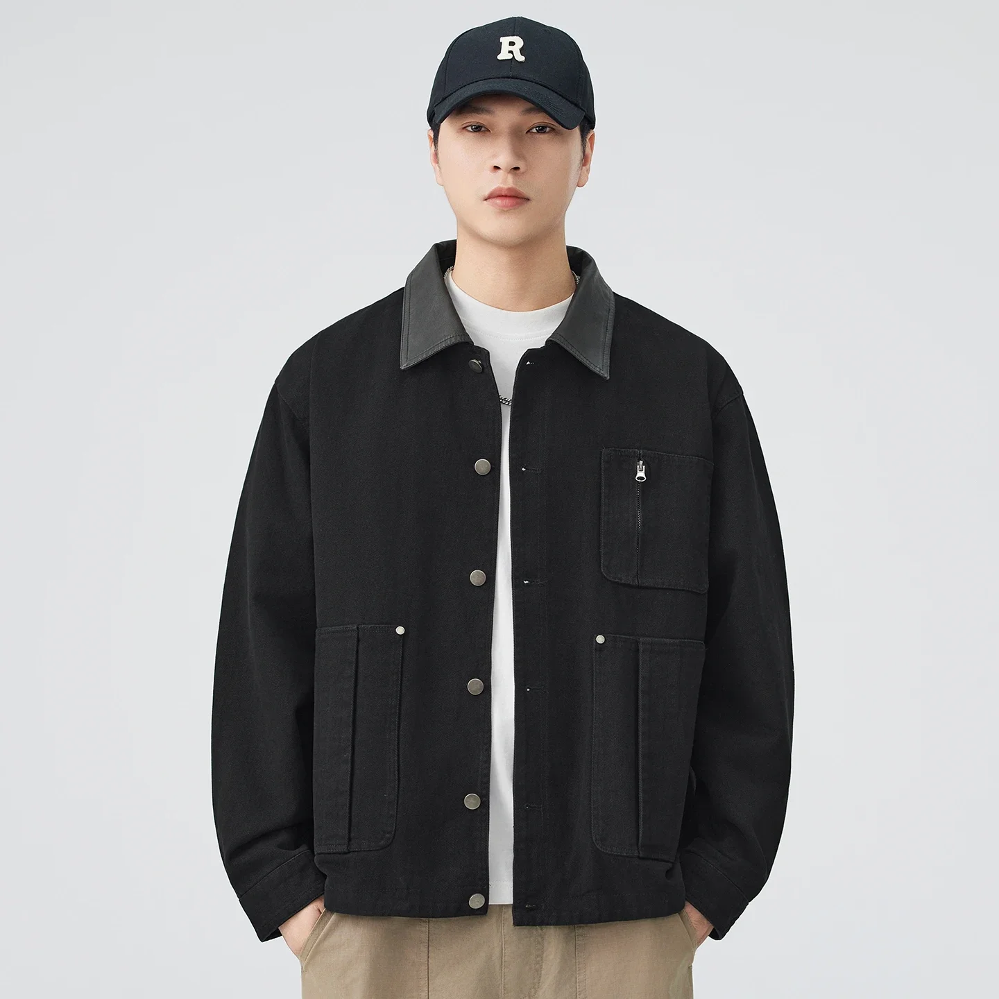 Hommes manteau Couple printemps automne vêtements d'extérieur hommes japonais Streetwear mode ample décontracté col en cuir Vintage Cargo veste