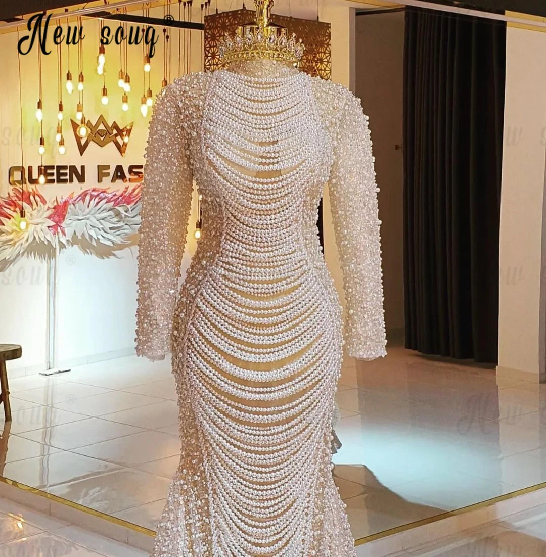 Elegant Ivory Full Pearls Long Sleeve Evening Dresses 2024 Dubai Wedding Gowns Fashion Party Dresses High Collar فساتين السهرة