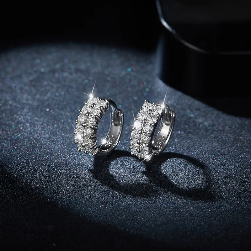 2 Rows D Color Moissanite Hoop Earrings Women 925 Sterling Silver Iced Lab Diamond Huggie Loop Earring 18K White Gold Plated