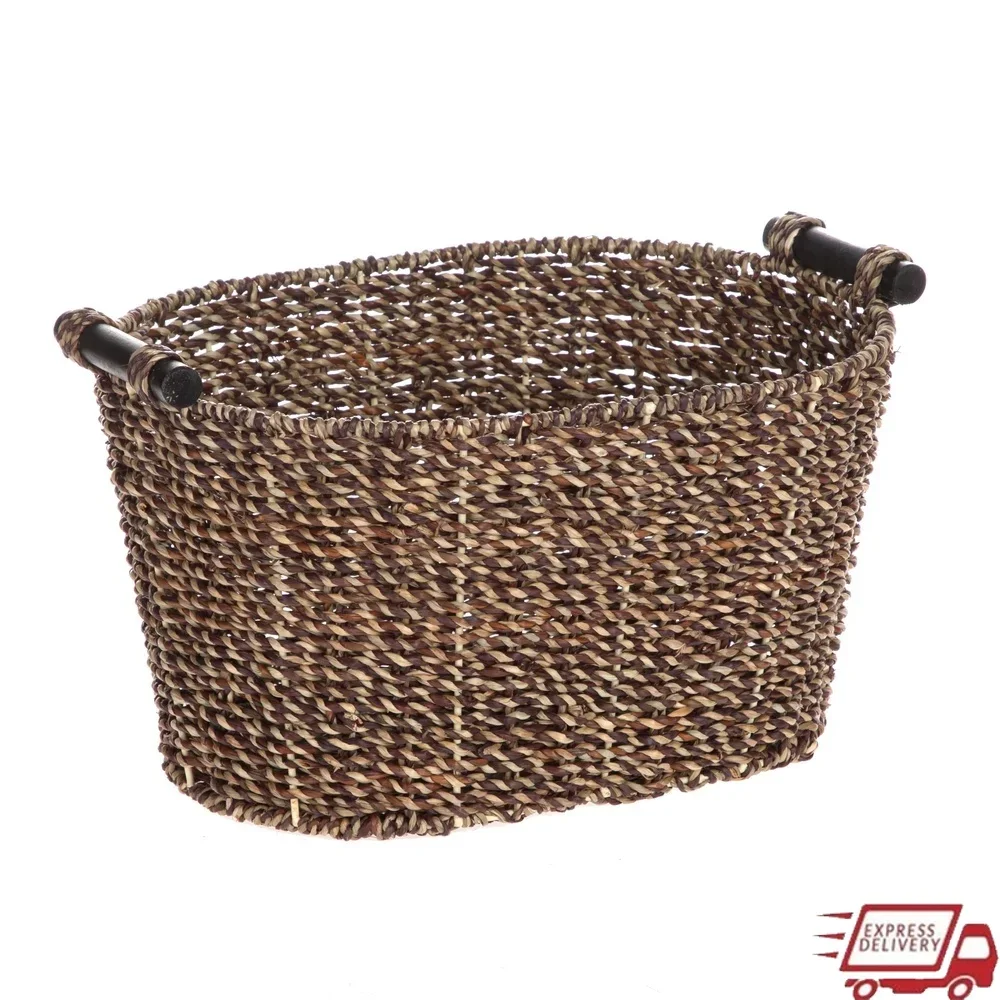 Cesta de almacenamiento ovalada de algas marinas con asas de madera, cestas decorativas marrones, organización del hogar, almacenamiento de artículos pequeños tejidos