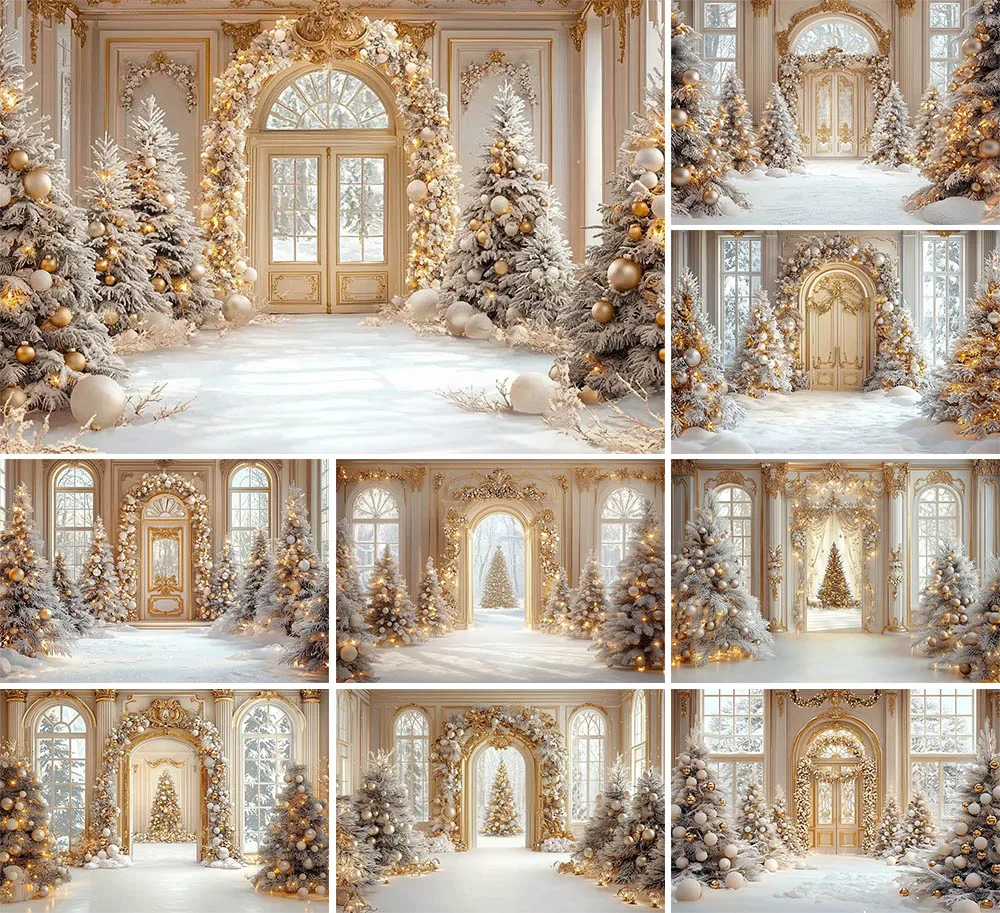 

Mehofond Indoor Xmas European Wall Photography Backdrops Child Family Party Christmas Tree Door Large Window Decor Background