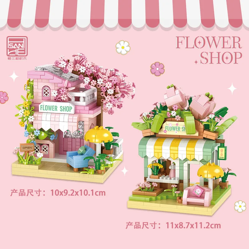 Zestaw klocków Sklep z kwiatami, model budynku, zestaw do budowania domu, model do składania, zabawki z klocków dla dziewczynek, dekoracja domu/biura, prezent urodzinowy
