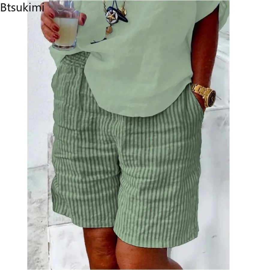 Oversized Summer Casual Shorts for Women Fashion Striped Loose Breathable Cotton Linen Short Pants Ladies Daily Straight Shorts