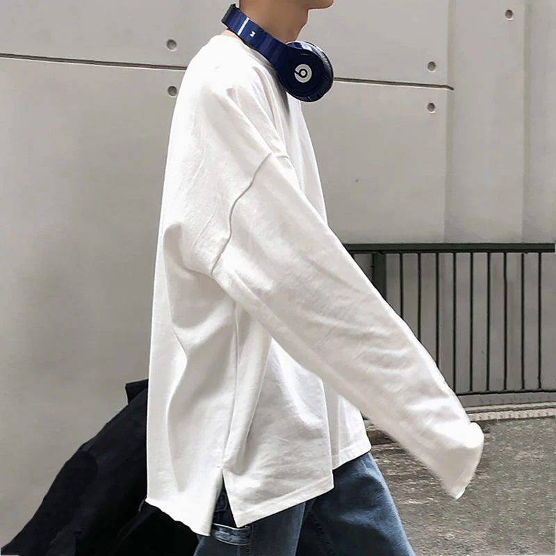 

Side Slit Solid O Neck Long Sleeve Overiszed Korean Fashion Casual 2022 Loose New Hoodie Autumn Spring Clothes Men Harajuku Top